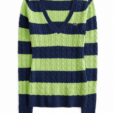 Lime and Navy Striped Cable-Knit V-Neck Sweater