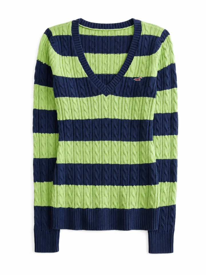 Lime and Navy Striped Cable-Knit V-Neck Sweater