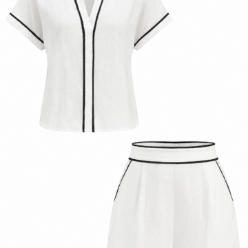 White & Black Piping Short-Sleeve Top and High-Waisted Shorts Two-Piece Set