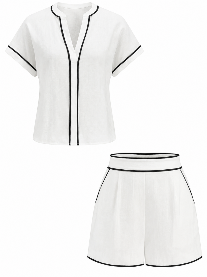 White & Black Piping Short-Sleeve Top and High-Waisted Shorts Two-Piece Set