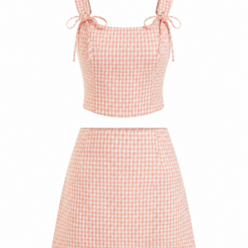 Pink Gingham Cropped Sleeveless Top and Mini Skirt Two-Piece Set with Bow Details