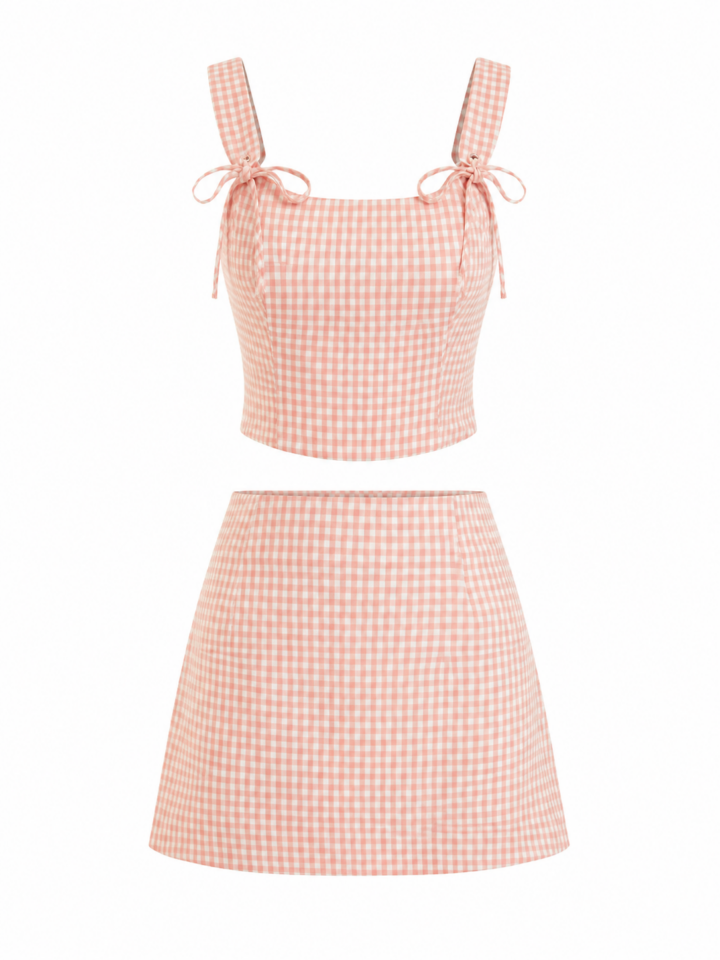 Pink Gingham Cropped Sleeveless Top and Mini Skirt Two-Piece Set with Bow Details