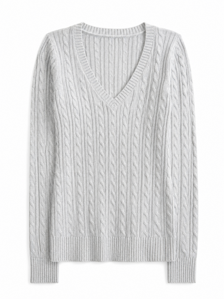 Light Gray V-Neck Cable Knit Sweater