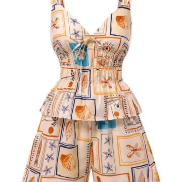 Cream Maritime Print Two-Piece Set with Wide-Leg Shorts