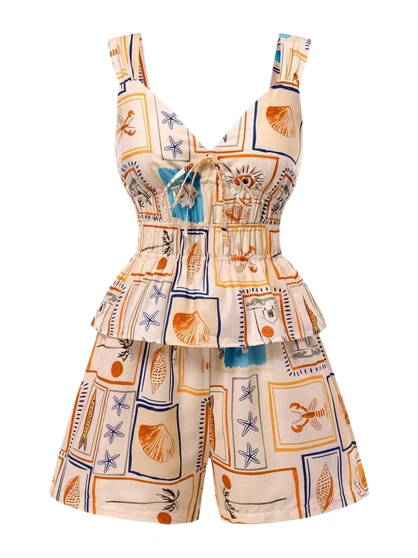 Cream Maritime Print Two-Piece Set with Wide-Leg Shorts