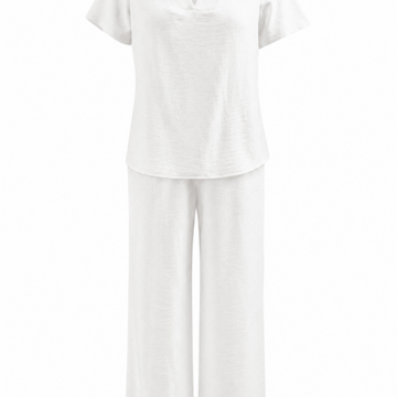 White V-Neck Cutout Shoulder Top and Wide-Leg Pants Lounge Set
