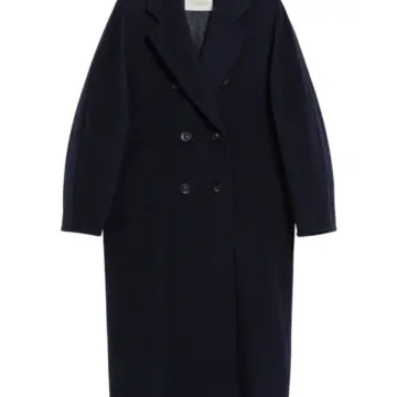 Dark Navy Double-Breasted Wool Blend Long Coat