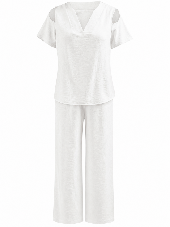 White V-Neck Cutout Shoulder Top and Wide-Leg Pants Lounge Set