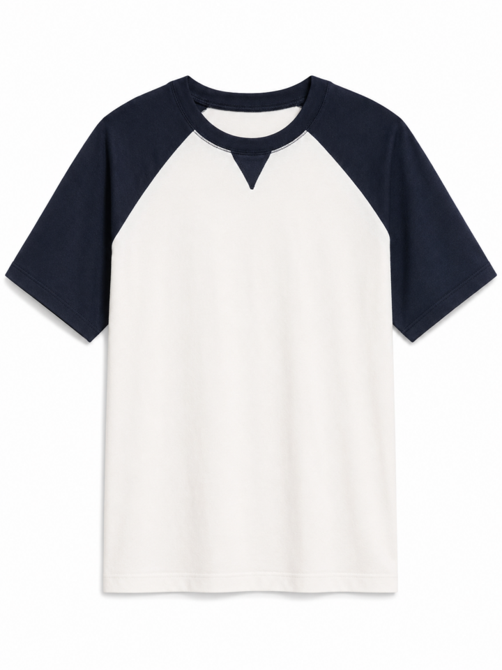 Cream and Navy Raglan Sleeve T-Shirt with V-Insert