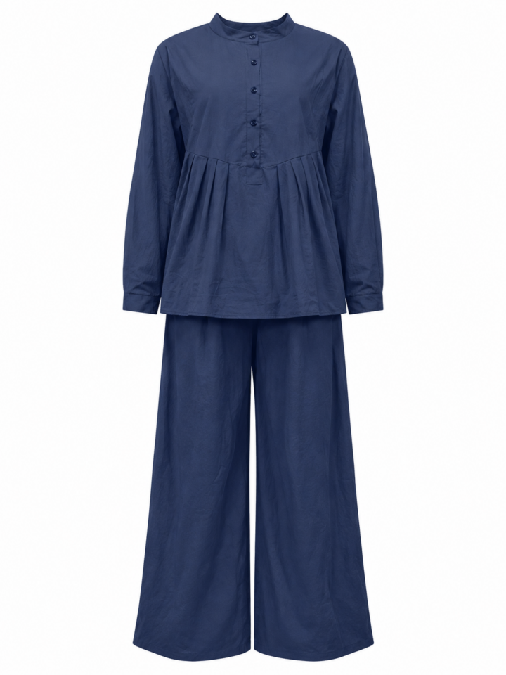 Navy Relaxed Fit Button-Front Top and Wide-Leg Trouser Two-Piece Set