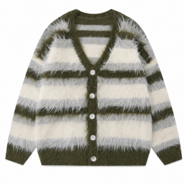 Olive and Off-White Stripe Button Cardigan