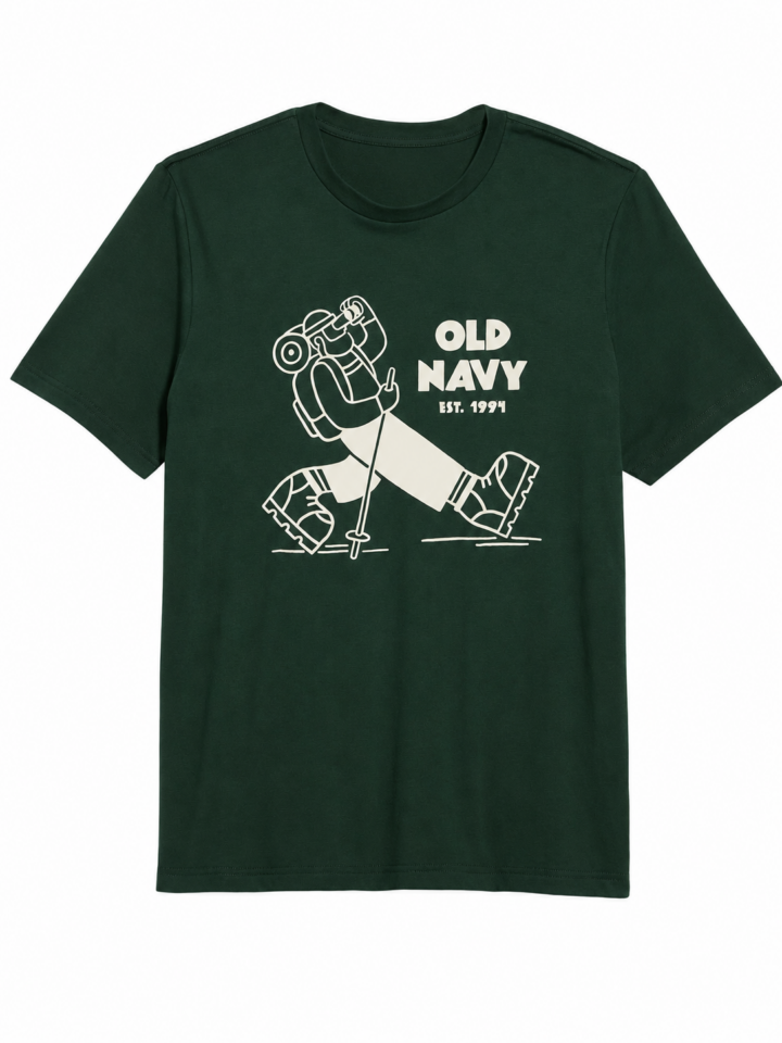 Dark Green Crewneck Graphic T-Shirt with Hiker Print
