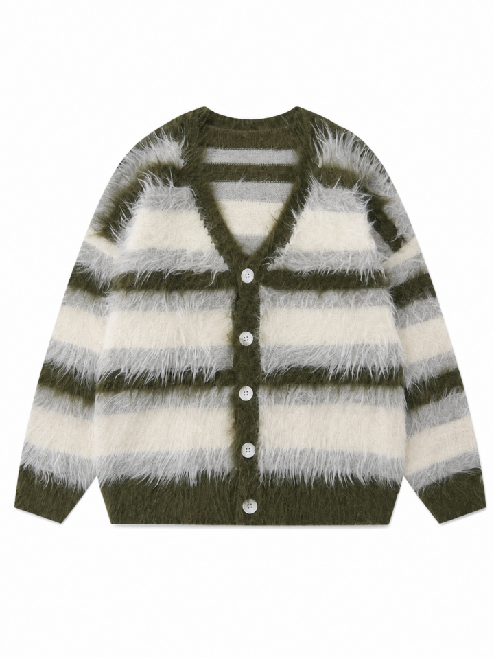 Olive and Off-White Stripe Button Cardigan