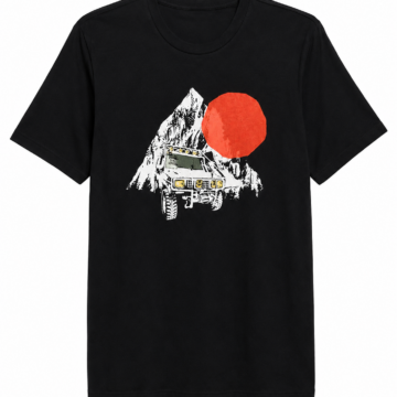 Black Crewneck Graphic T-Shirt with Off-Road Vehicle Print