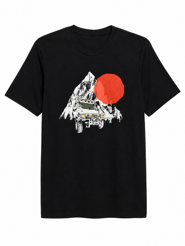 Black Crewneck Graphic T-Shirt with Off-Road Vehicle Print