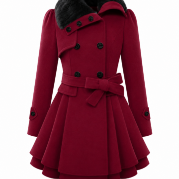 Burgundy Faux-Fur Collar Double-Breasted Flared Coat