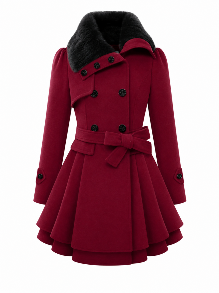 Burgundy Faux-Fur Collar Double-Breasted Flared Coat