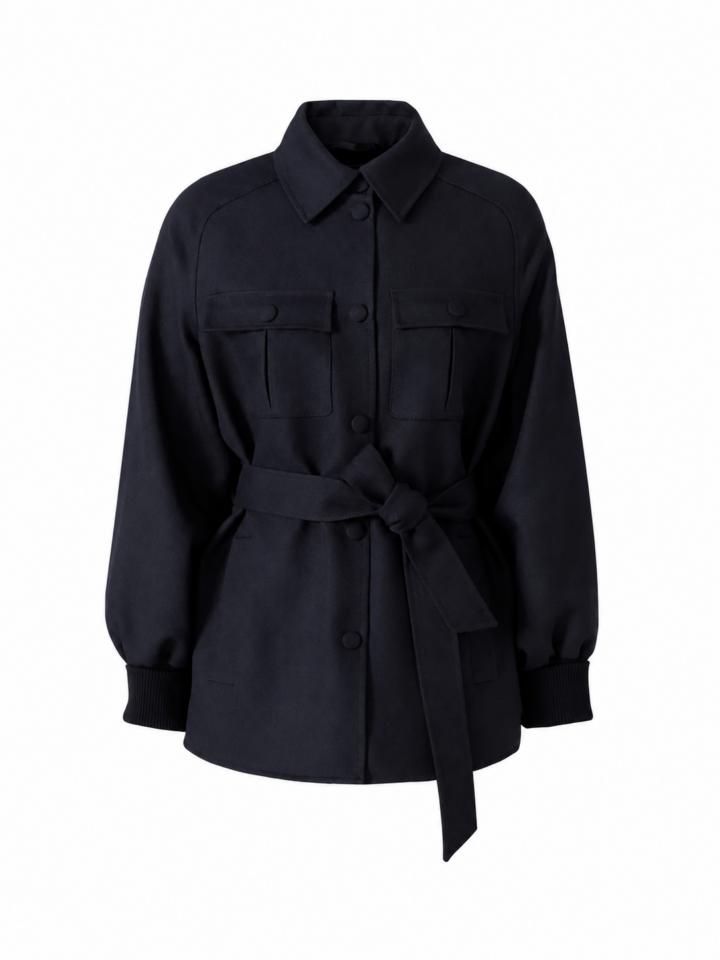 Black Relaxed Belted Jacket with Classic Collar