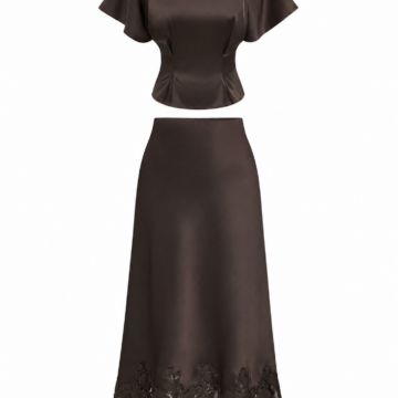 Dark Brown Flutter Sleeve Crop Top and Midi Skirt Set with Lace Trim
