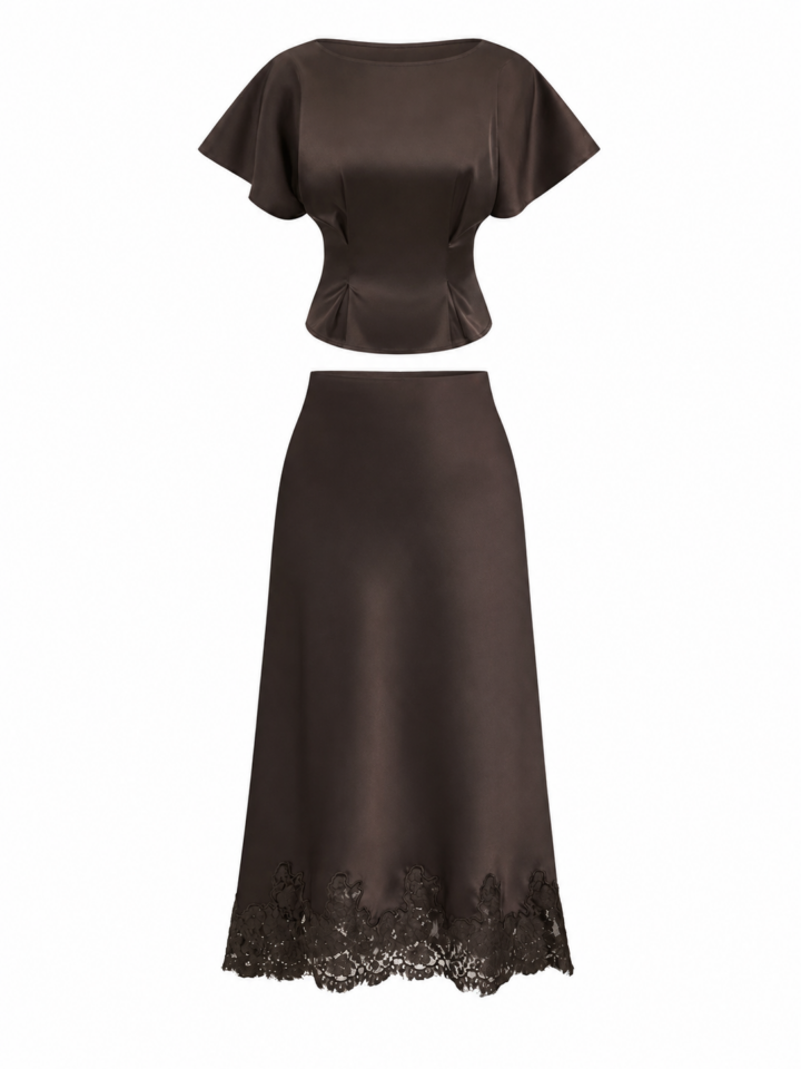 Dark Brown Flutter Sleeve Crop Top and Midi Skirt Set with Lace Trim
