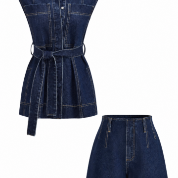 Dark Indigo Denim Sleeveless Top and High-Waisted Shorts Two-Piece Set with Belt