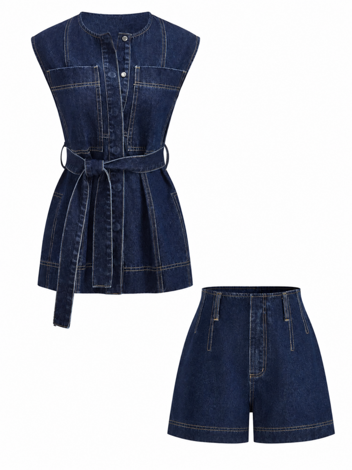 Dark Indigo Denim Sleeveless Top and High-Waisted Shorts Two-Piece Set with Belt