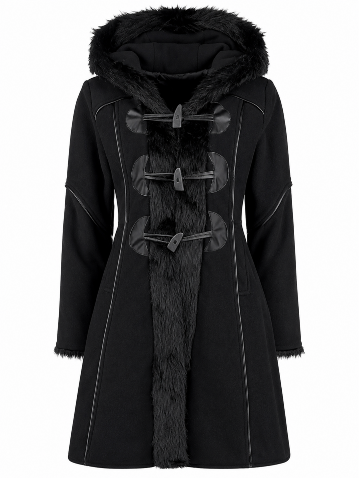 Black Hooded Faux Fur Trim Toggle Coat