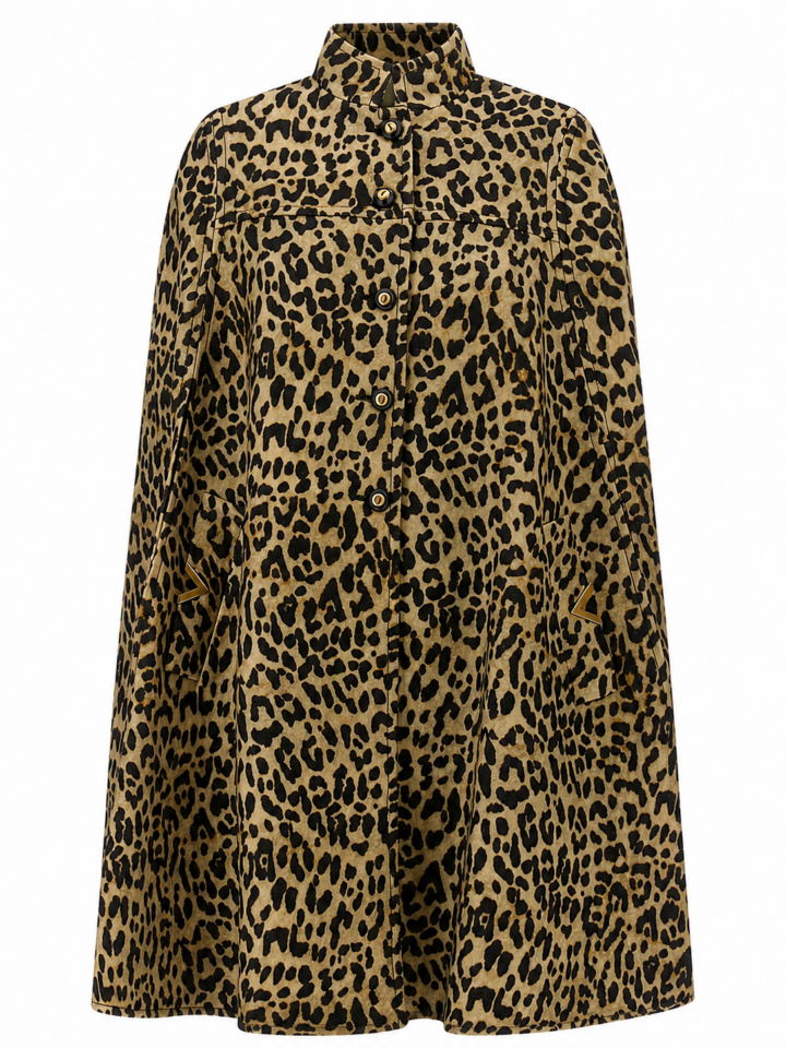 Leopard Print Cape Coat with Pointed Collar