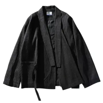 Black Crinkled Texture Open-Front Haori Jacket