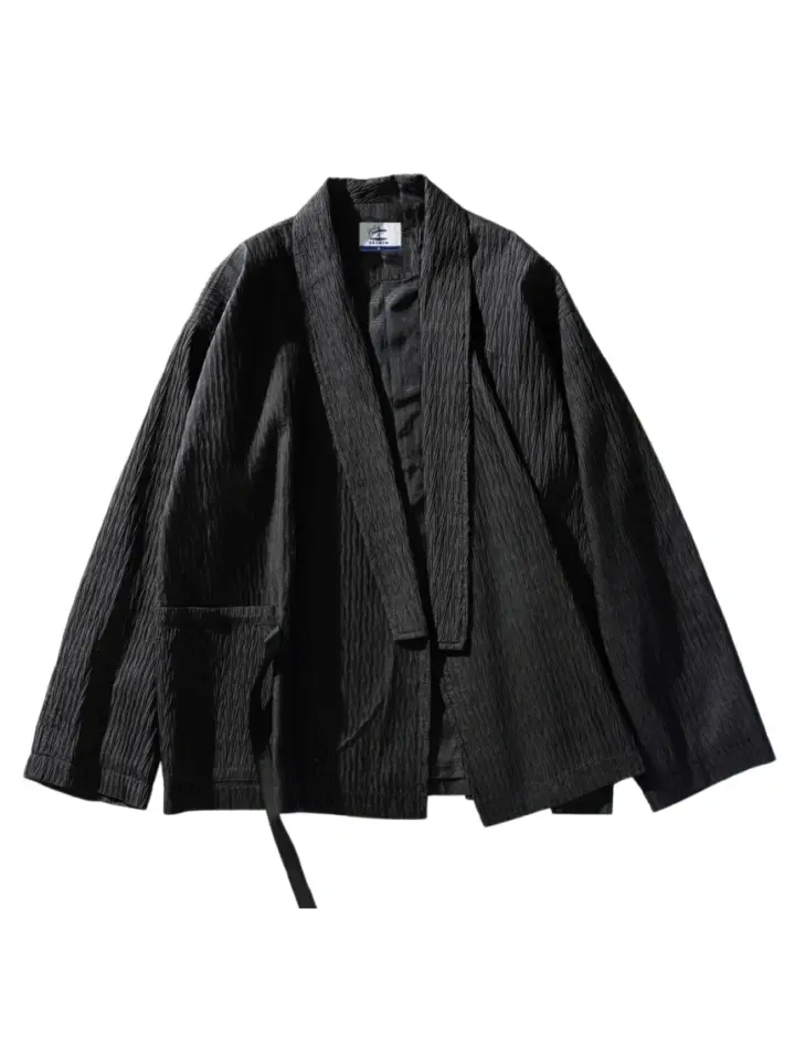Black Crinkled Texture Open-Front Haori Jacket