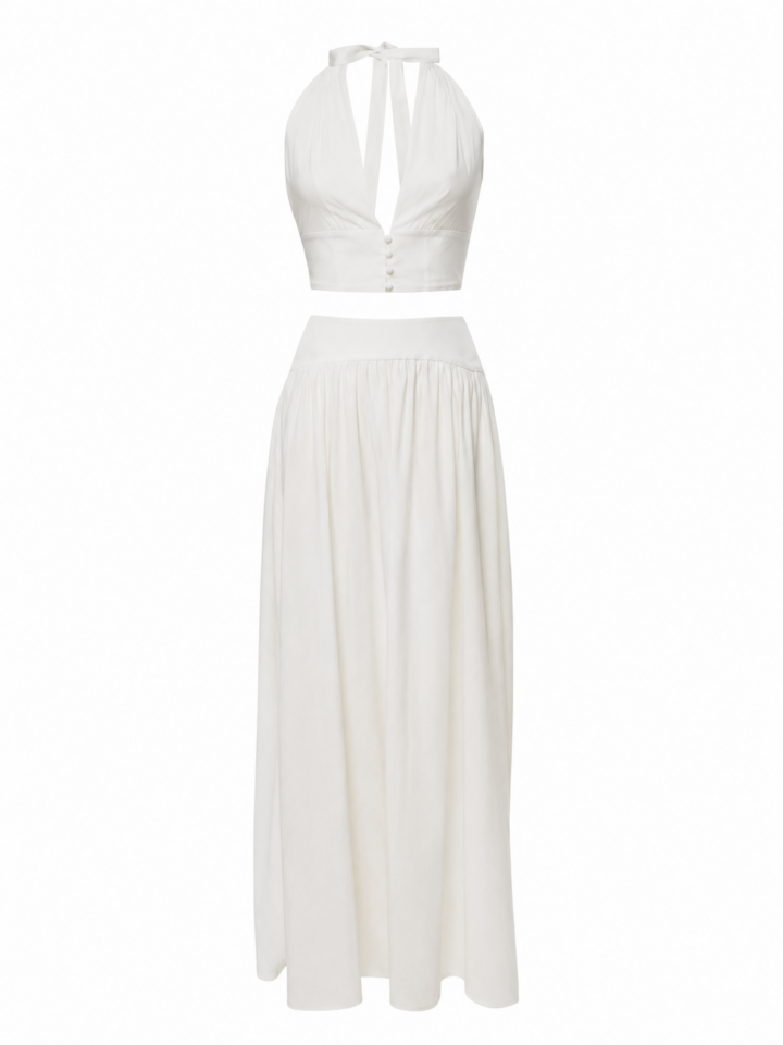 White Halter Neck Crop Top and Maxi Skirt Two-Piece Set