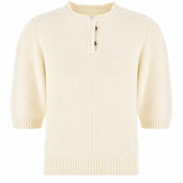 Cream Short Sleeve Knit Sweater with Henley Placket