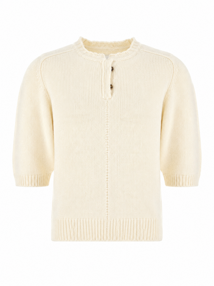 Cream Short Sleeve Knit Sweater with Henley Placket