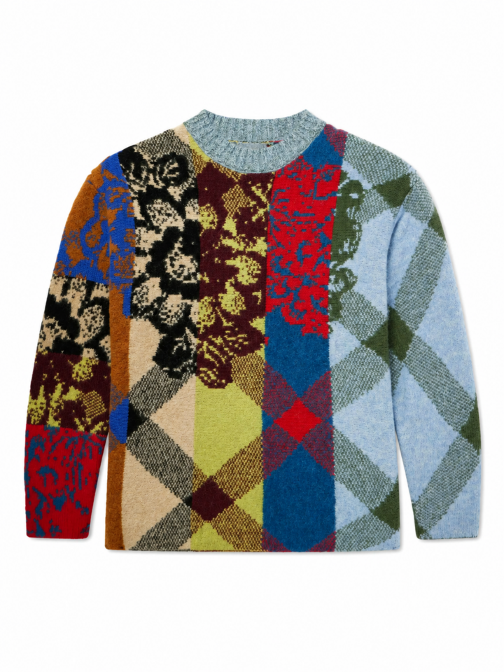 Patchwork Argyle and Floral Crewneck Sweater