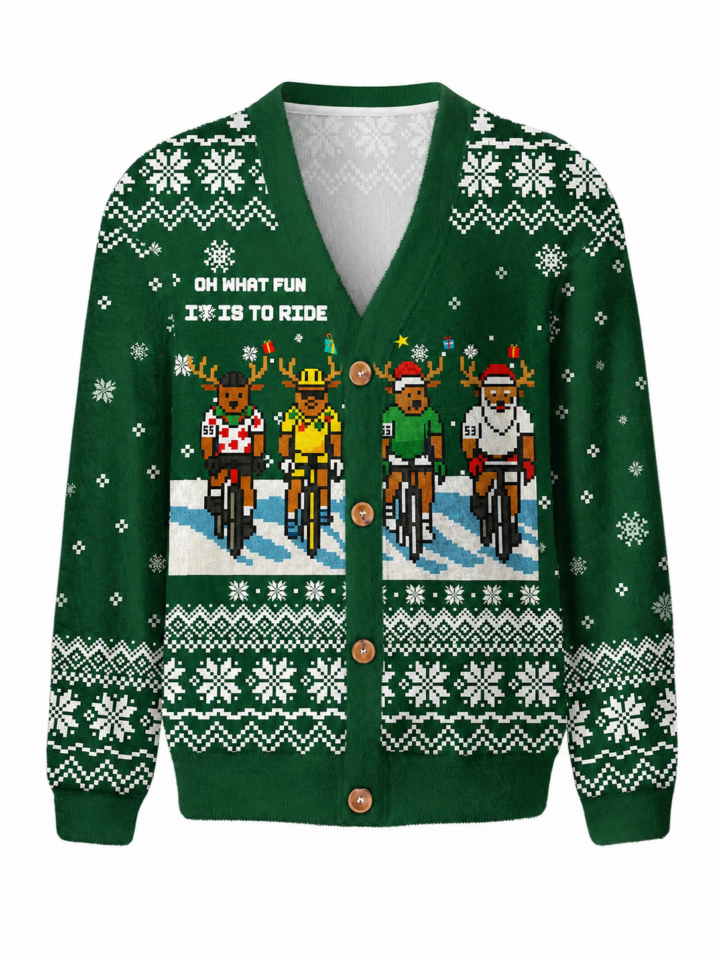 Green Button-Front Cardigan with Reindeer Pattern