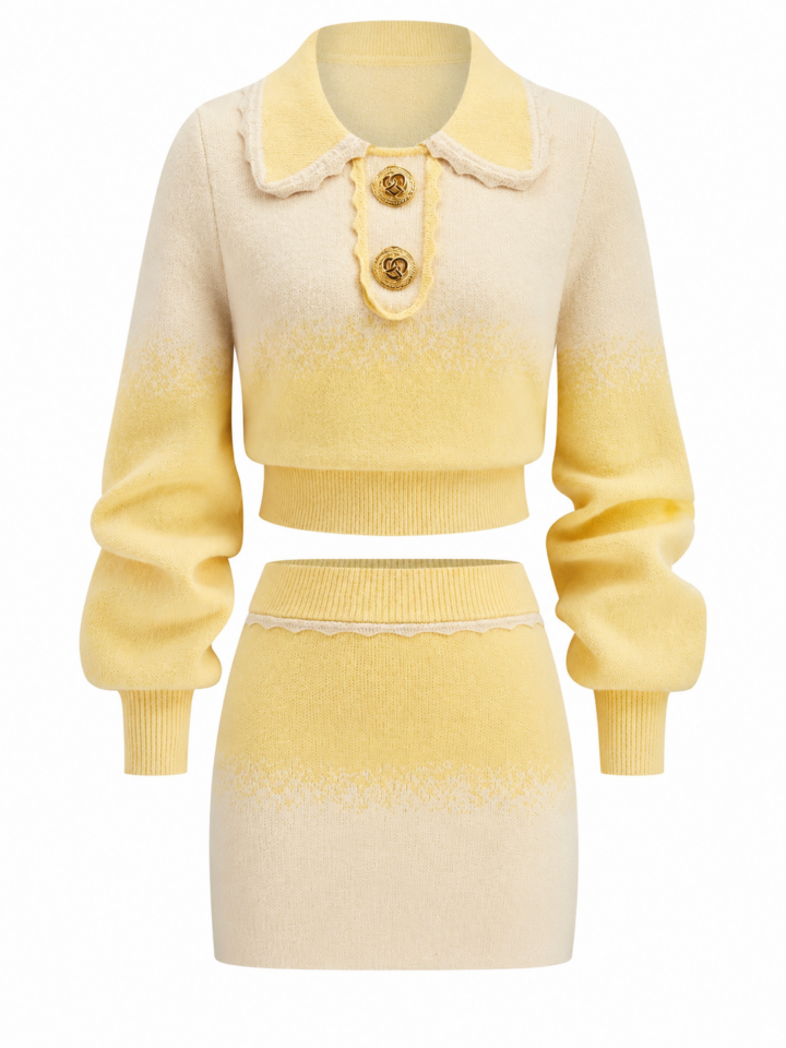 Yellow and Cream Ombre Knit Crop Top and Mini Skirt Two-Piece Set