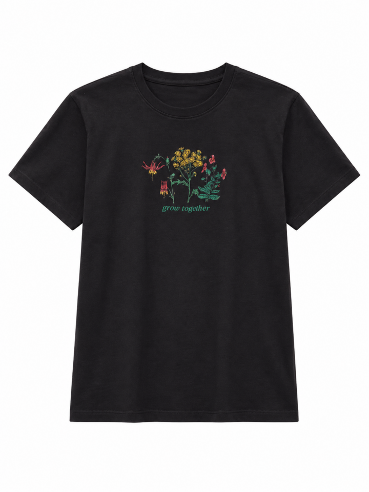 Black Wildflower Graphic T-Shirt with 'grow together' Text