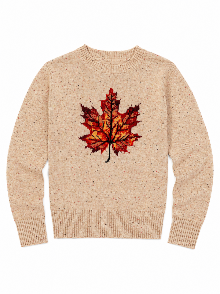 Beige Crewneck Maple Leaf Sweater