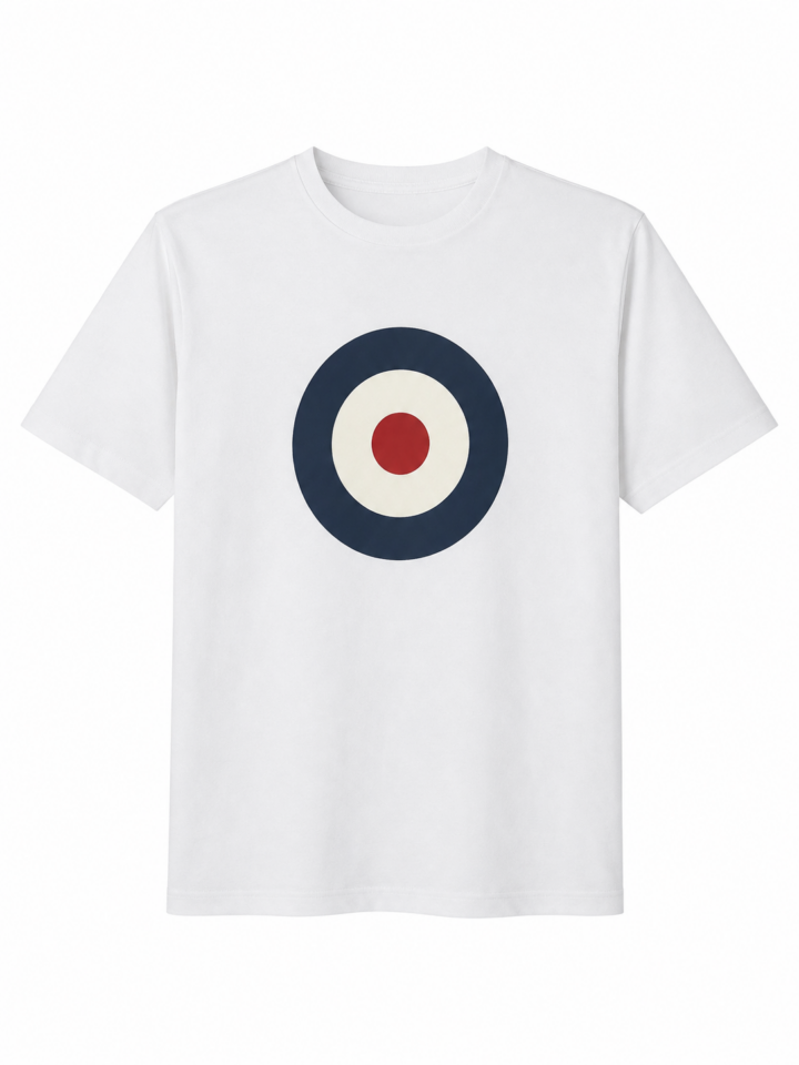 White Crewneck T-Shirt with Red and Navy Circular Graphic