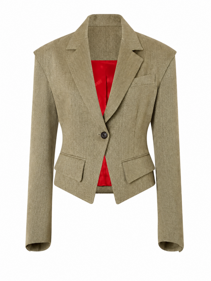 Olive Herringbone Tailored Blazer with Red Lining