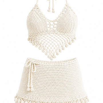 Off-White Crochet Halter Bralette and Mini Skirt Two-Piece Set with Pompom Fringe