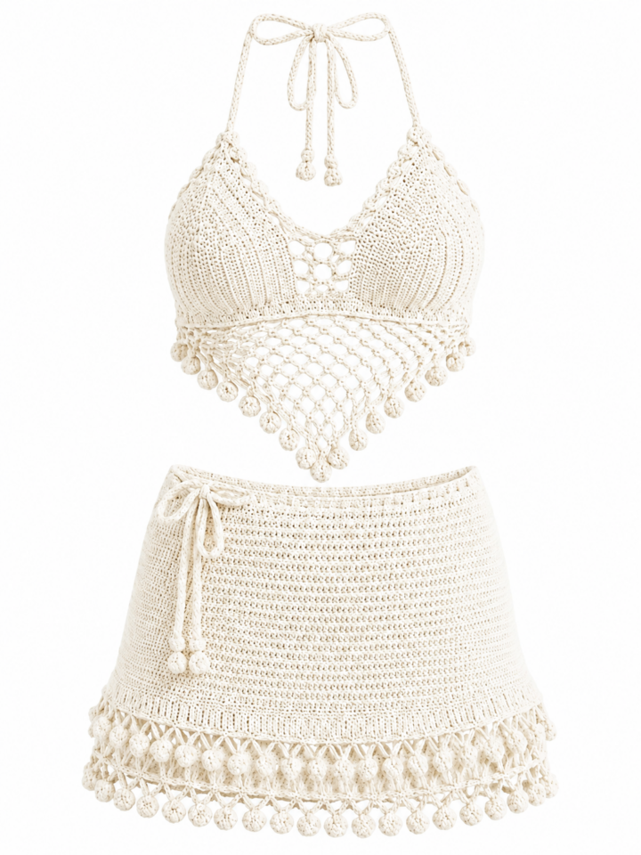 Off-White Crochet Halter Bralette and Mini Skirt Two-Piece Set with Pompom Fringe