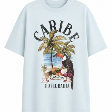 Light Blue Oversized Graphic T-Shirt with Tropical Print