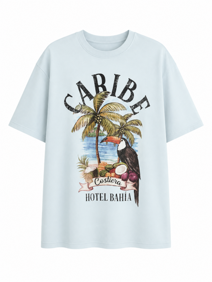 Light Blue Oversized Graphic T-Shirt with Tropical Print