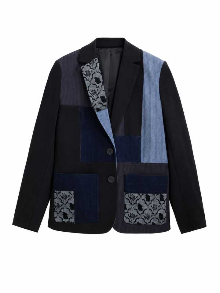 Relaxed Fit Patchwork Denim Blazer with Floral Accents