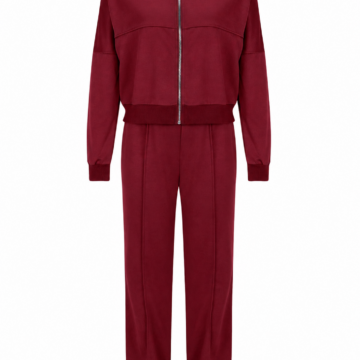 Burgundy Zip-Up Bomber Jacket and Straight-Leg Pants Tracksuit Set