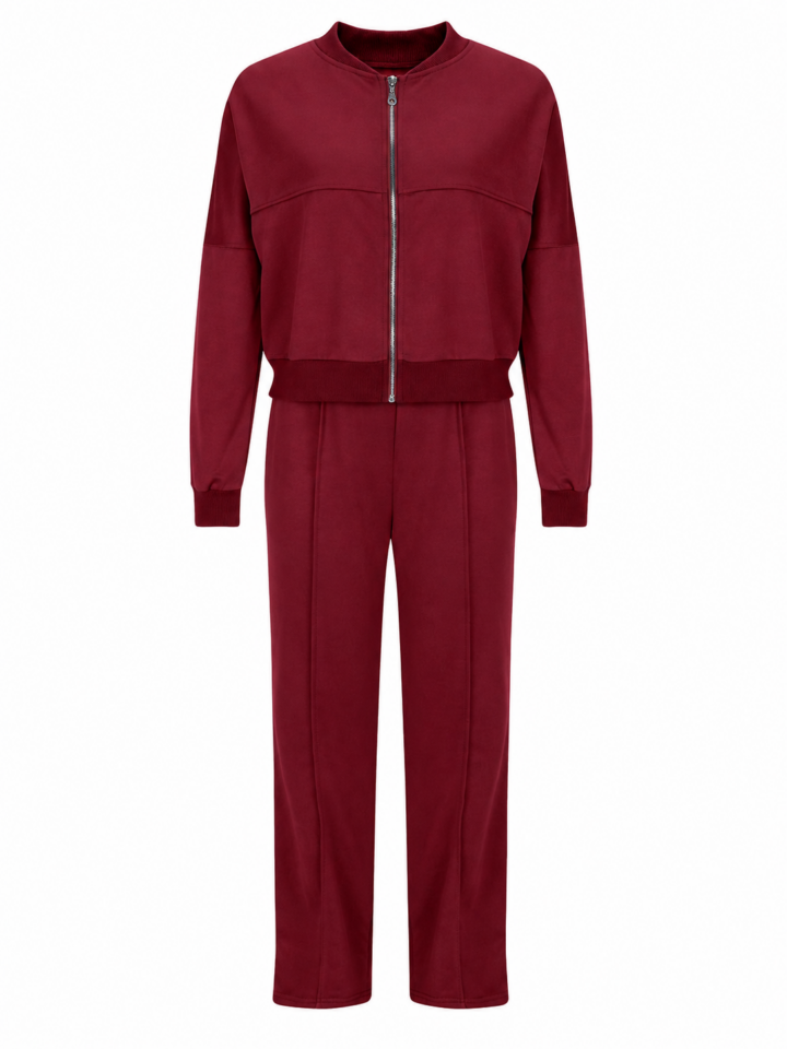 Burgundy Zip-Up Bomber Jacket and Straight-Leg Pants Tracksuit Set