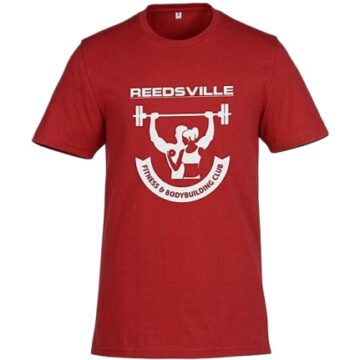Red Fitness Graphic T-Shirt with Barbell Design