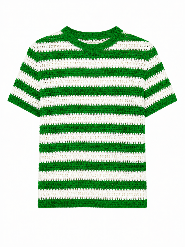 Relaxed Fit Green and White Striped Crochet Knit Top