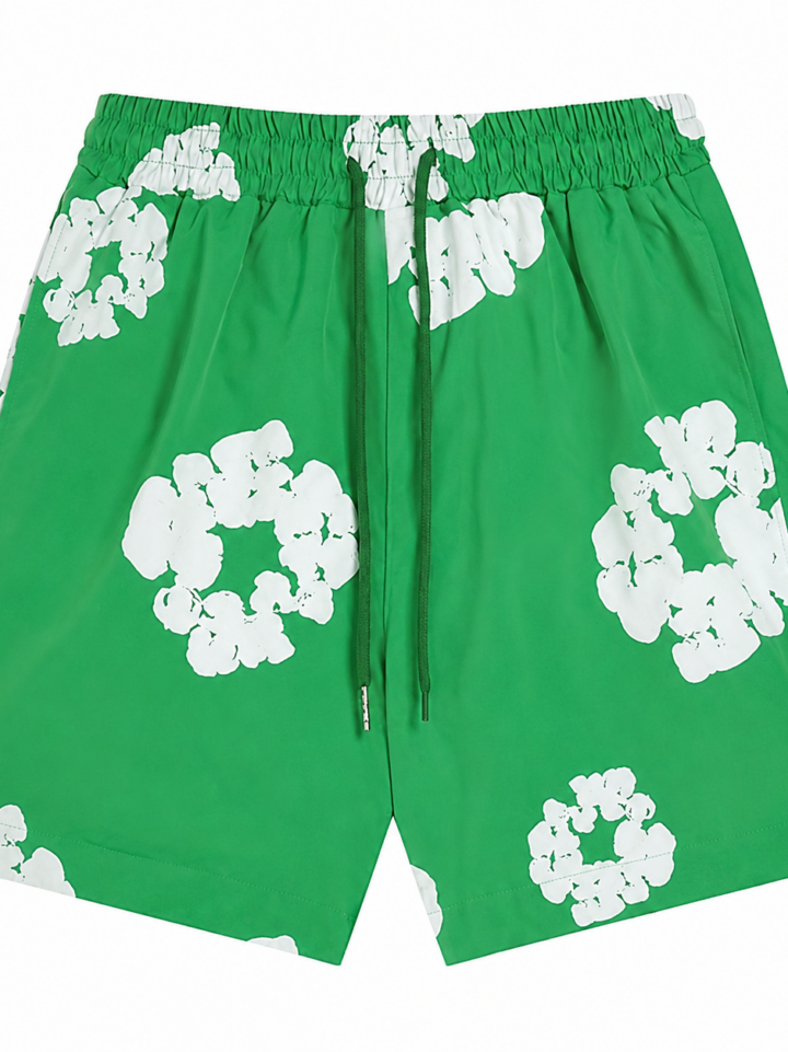 Green Floral Print Elastic Waist Shorts